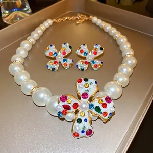Flower Artificial Pearl Necklace And Clip On Earrings Multi Color Rhinestone Enamel Vintage Style For Women Elegant Accessories