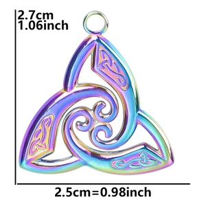 Detailed size view of rainbow stainless steel witch knot pendant showing dimensions