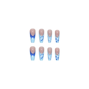 Long coffin press-on nails with blue French tips, heart patterns, and ombré gradient design