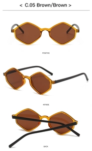 Detailed three-way view of brown diamond-shaped sunglasses with black temples in code C.05