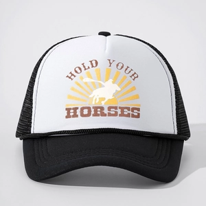 Classic black and white trucker hat featuring a vintage Hold Your Horses printed design