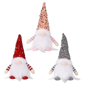 Trois gnomes de Noël lumineux avec paillettes et lumières LED en rose, rouge et gris