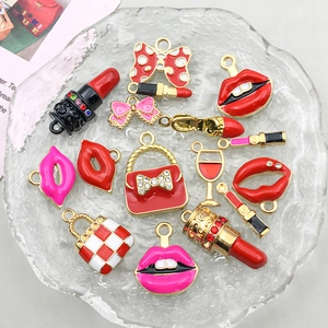 Red enamel alloy charms set featuring lipstick and high heel pendants for DIY jewelry making