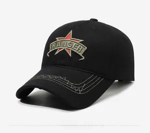 Detailed side view of black cotton baseball cap with red star and Ranger embroidery