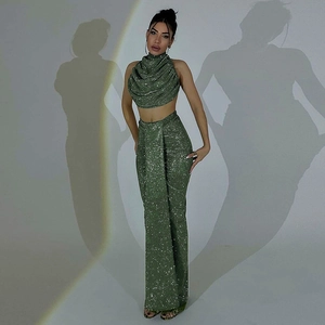 Women Halter Neck Sparkly Crop Top And High Waist Bodycon Long Skirt Party Clubwear Sexy Shimmering
