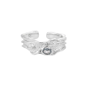 Irregular lava texture S925 sterling silver open ring with centered zircon stone