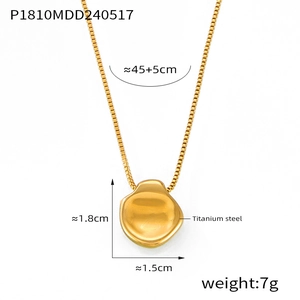 Detailed view of irregular molten gold pendant on titanium steel box chain with dimensions