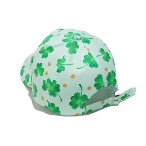 Close-up of adjustable back strap and clover pattern on St. Patrick's Day baseball cap