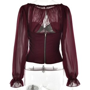 Back view of sexy dark red chiffon patchwork top with sheer sleeves and zipper closure
