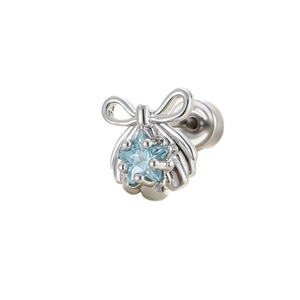 Silver bow and shell stud earring with light blue star zircon in professional studio shot