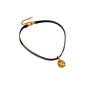 Retro circular star zircon necklace with black ribbon choker and golden star pendant