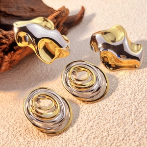Chic 18K gold plated stainless steel abstract wavy stud and swirl hoop earrings set