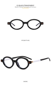 Macro detail of oval black frames with transparent lenses and white temples, C8 model sunglasses