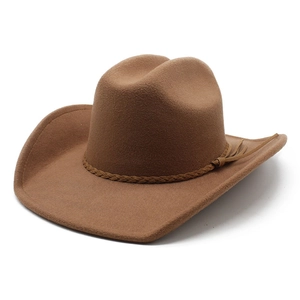 Classic brown western cowboy hat with a woven band on a minimalist white background