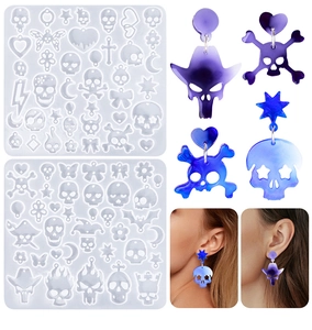 Detail showing skull and heart silicone earring molds with finished purple resin samples