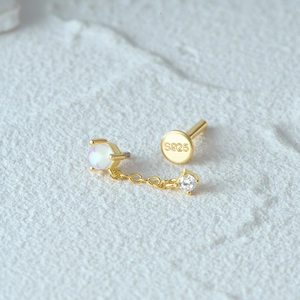 Detailed close-up of S925 sterling silver hallmark on gold chain earrings with opal
