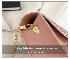 Detailed close-up of pink sequin bag with premium golden chain hardware and leather lining