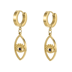Close-up of golden heart earrings with blue gemstone eye charm on white background