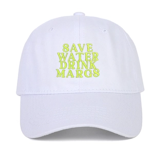 White cotton baseball cap featuring green Save Water Drink Margs embroidery design