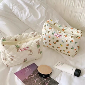 Detail of quilted cotton cosmetic bags with bear and floral patterns and woven label