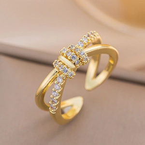 Golden double-layer bow ring with sparkling zircons and minimalist open adjustable design