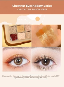Chestnut eyeshadow palette featuring matte and shimmer tones with warm earthy swatches