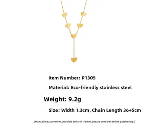 Detail view of 18k gold plated stainless steel heart tassel Y-necklace with dimensions