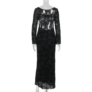 Detail of back view showing sheer floral lace texture and tie-up design on black dress