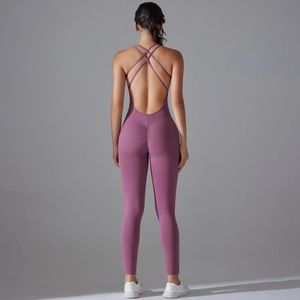 Detail of mauve backless yoga jumpsuit with scrunch butt lifting and crisscross straps