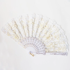 Elegant white lace folding fan with gold rose embroidery and white plastic ribs