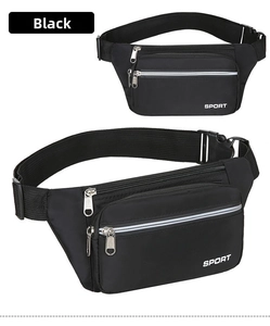 Detail of waterproof black nylon sports waist bag with adjustable strap and buckle