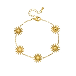 Polished gold plated stainless steel bracelet with five sun pendants on a white background