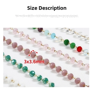 Detailed macro view of 3x3.6mm multi-color faceted crystal beads on 18k gold-plated chain