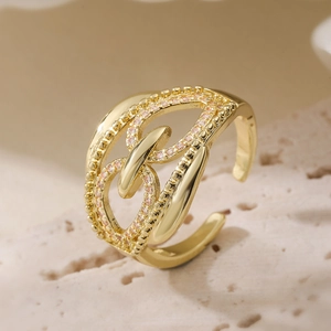 Irregular Geometric Hollow Open Ring 18K Gold Plated Copper Pink Zircon Adjustable Fashion Jewelry For Women