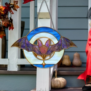 Detailed view of Halloween bat acrylic ornament hanging with chain for festive porch decor
