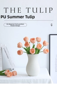 Detail of realistic PU tulip bouquet in a white ceramic vase with soft pink petals