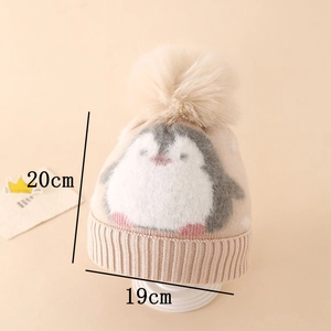 Detail of pink knitted penguin hat for kids showing 20cm height and 19cm width measurements