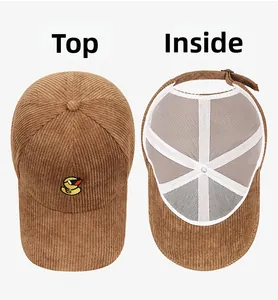 Detail view of brown corduroy baseball cap showing the duck embroidery and inner structure