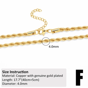 Detailed size specifications for a 4.0mm gold-plated stainless steel rope chain necklace