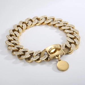 Gold 18K plated stainless steel Cuban dog collar with sparkling rhinestones for pets