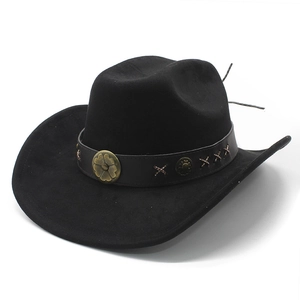 Chapeau fedora en laine noire à large bord avec ceinture en cuir et boucle vintage