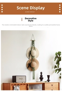 Green bohemian handwoven wall macrame hat holder displaying two straw hats
