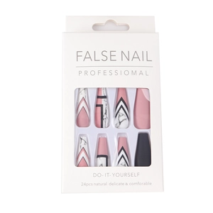 Detail of 24pcs long coffin press on nails with marble patterns and black V-line accents