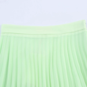 Light green pleated midi skirt with smooth waist detail and soft satin texture on white background