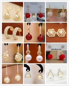 Collage of 12 styles of gold-plated pearl and zircon drop earrings with S925 silver needles