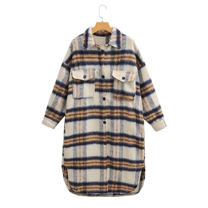 Women's oversized plaid wool coat in blue and brown checkered pattern with front pockets
