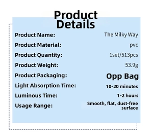Detailed specifications of 513pcs luminous PVC Milky Way wall stickers set in OPP bag