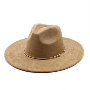 Wide Brim Fedora Hat Vintage Faux Suede Flat Brim Elegant Unisex Jazz Sombrero Gold Metal Ring Band Accessories