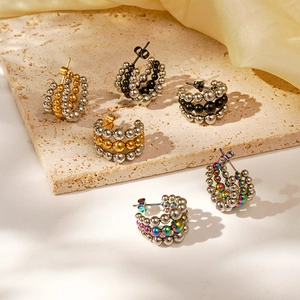 Stainless Steel C-Shaped Hoop Earrings Multi-Row Round Beads Polished Geometric Exaggerated Fashion Jewelry For Women