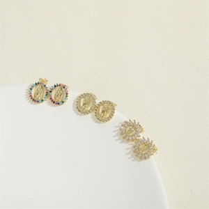 Three pairs of 14K gold plated Virgin Mary stud earrings set with colorful zircon stones